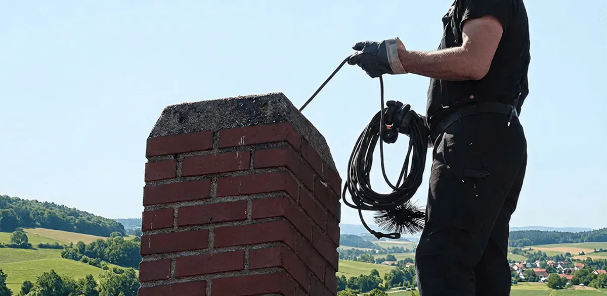 Chimney sweep inspecting and cleaning a rooftop chimney in Eugene, OR
