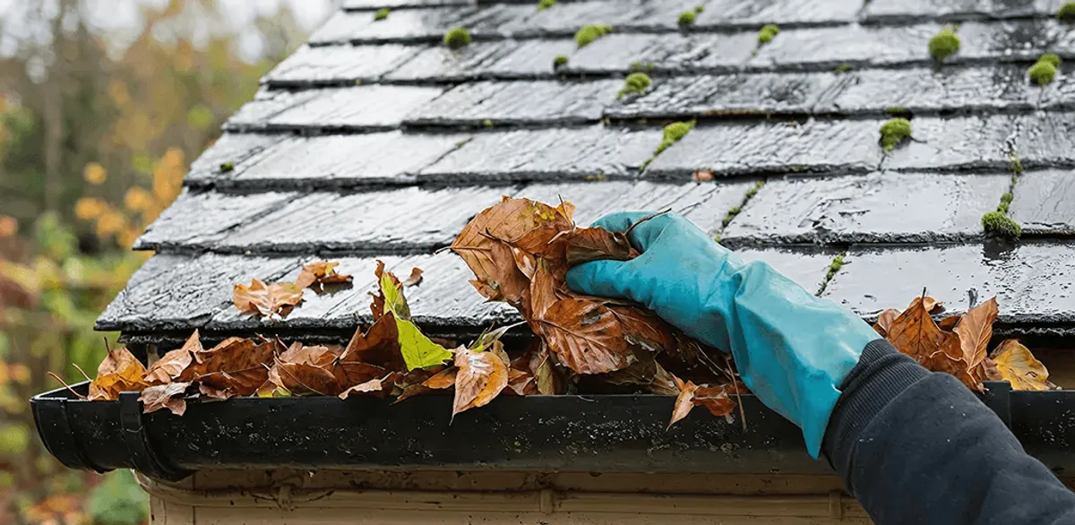 Gutter cleaning technician clearing wet leaves from roof gutters in Eugene, OR